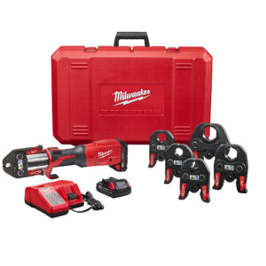 MILWAUKEE M18™ FORCE LOGIC™ Press Tool w/ ONE-KEY™ with 1/2"-2" CTS Jaws, 2 batteries, a battery charger, and a hard plastic case.