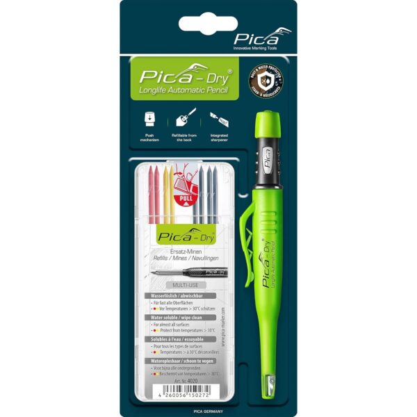 Crayon PICA Dry Auto avec 8 recharges de mines (Graphite, Rouge, Jaune)