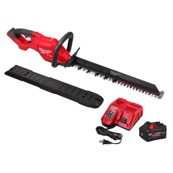 MILWAUKEE M18 FUEL™ 24" Hedge Trimmer Kit includes a hedgetrimmer, a blade guard, a battery, and a battery charger