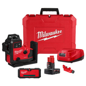 MILWAUKEE M12™ Green 360° 3-Plane Laser with Automatic Alignment, a Receiver, an M12 Battery, a Battery Charger, and a kit case