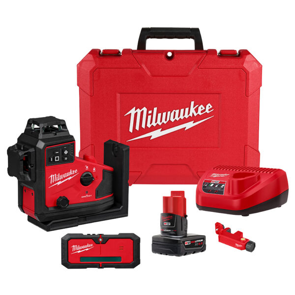 MILWAUKEE M12™ Green 360° 3-Plane Laser with Automatic Alignment, a Receiver, an M12 Battery, a Battery Charger, and a kit case