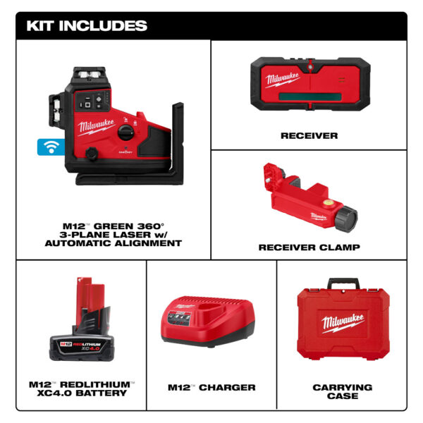 MILWAUKEE M12™ Green 360° 3-Plane Laser w/Automatic Alignment & Receiver - Image 6