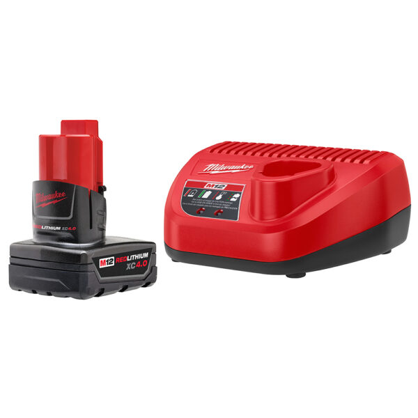 MILWAUKEE M12™ REDLITHIUM™ XC4.0 Starter Kit including an M12 battery and an M12 battery charger