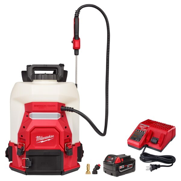 MILWAUKEE M18™ 4-Gallon Backpack Sprayer w/ SWITCH TANK™ Kit including a backpack sprayer with a hose and wand, 2 nozzles, a Milwaukee battery, and a battery charger