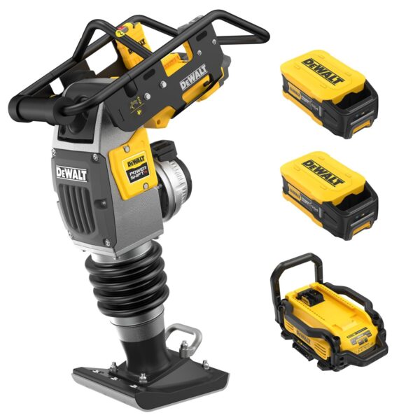 DEWALT POWERSHIFT™ 60Kg Class Rammer Kit including a DEWALT Rammer Compactor, 2 Powershift Batteries, and a Battery Charger