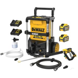 DEWALT 2X20V MAX* 1600 MAX PSI** Pressure Washer Kit with 2 FLEXVOLT Batteries, 2 battery chargers, a foamer, a hose, and a wand