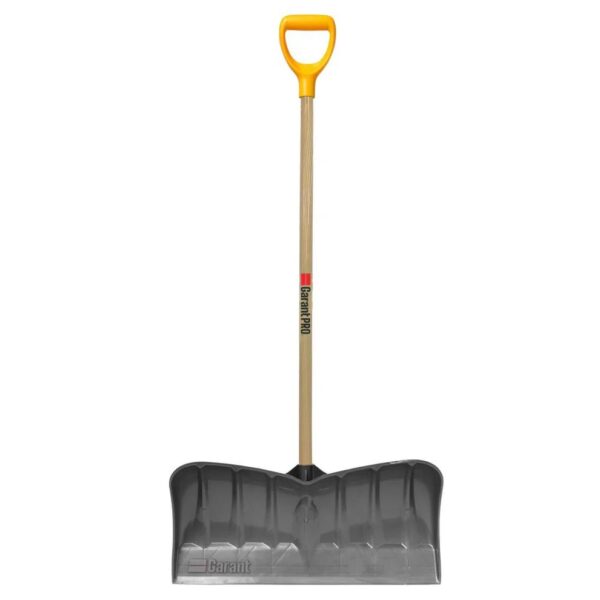 GARANT Snow Pusher with 26" Polypro Blade. long wooden handle, and a yellow D handle