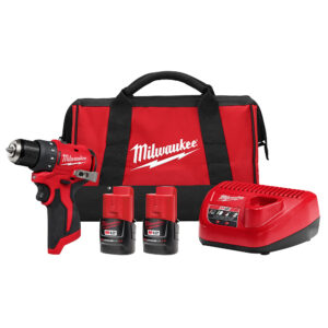 MILWAUKEE M12™ Subcompact Brushless 3/8" Drill/Driver Kit including an M12 drill, 2 batteries, a battery charger, and a kit bag