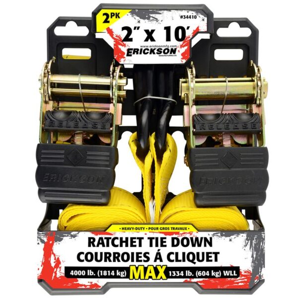 Pair of ERICKSON 2" x 10' – 4000 lb. Ratcheting Tie-Downs with Double J-Hooks