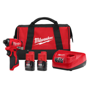 MILWAUKEE M12™ Subcompact Brushless 1/4" Hex Impact Driver Kit including an M12 impact driver, 2 M12 batteries, a battery charger, and a kit bag