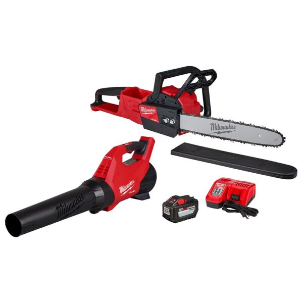 Milwaukee chainsaw, a black sheath, a Milwaukee blower, a black battery, and a red charger