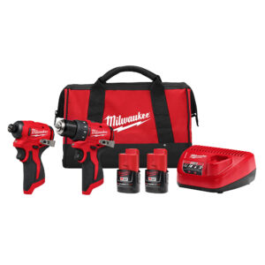 MILWAUKEE M12™ Subcompact Brushless 2-Tool Combo Kit including an impact, a drill, 2 M12 batteries, a battery charger, and a kit bag