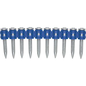 A strip of collated DEWALT CSI PINS, 2" long with a blue strip holding them together