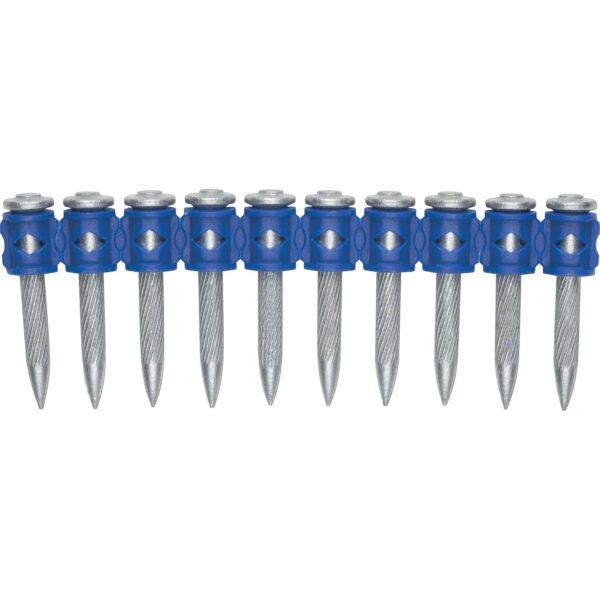 A strip of collated DEWALT CSI PINS, 2" long with a blue strip holding them together