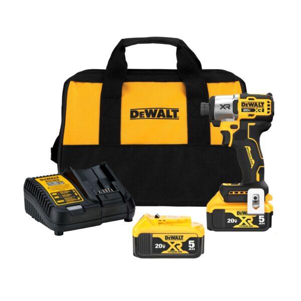 DEWALT 20V MAX* XR® 1/4" 3-Speed Impact Driver Kit including an impact driver, 2 batteries, a battery charger, and a kit bag