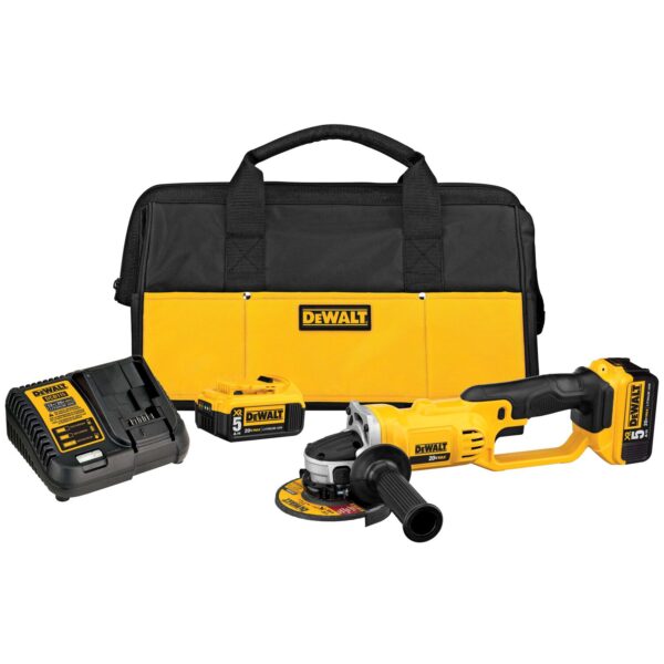 DEWALT 20V MAX* Grinder Tool Kit including a DeWalt Tool Bag, a battery charger, 2 batteries, and a Grinder