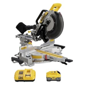 DEWALT 20V MAX* XR® 12 in. Double Bevel Sliding Miter Saw Kit including a mitre saw, a battery charger, and a battery