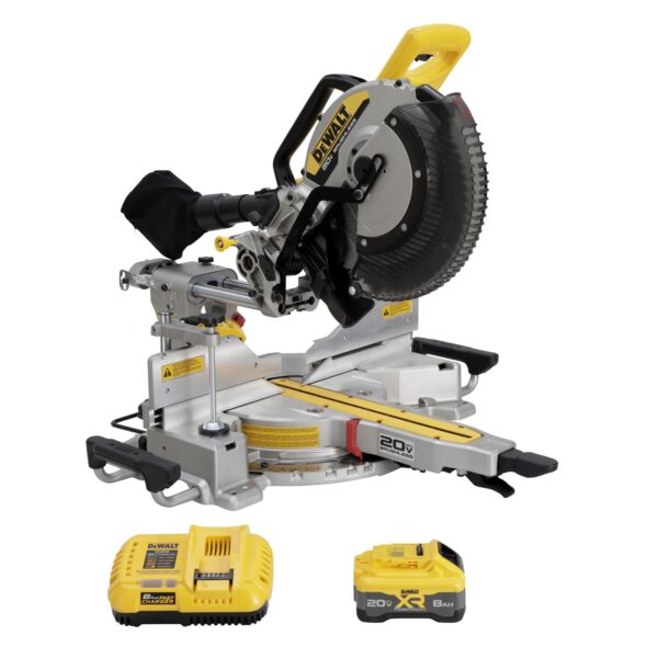 DEWALT 20V MAX* XR® 12 in. Double Bevel Sliding Miter Saw Kit including a mitre saw, a battery charger, and a battery