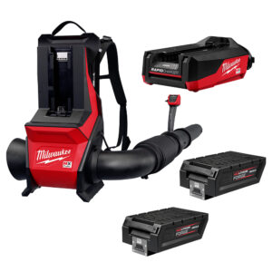 MILWAUKEE MX FUEL Backpack Blower, a charger, and 2 batteries