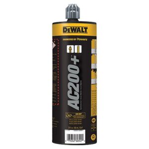 Black and yellow tube of DEWALT AC200+ High-strength Acrylic Anchor Adhesive
