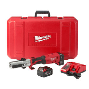 MILWAUKEE M18™ FORCE LOGIC™ Long Throw Press Tool Kit including the press tool, 2 batteries, a battery charger, and a red plastic case