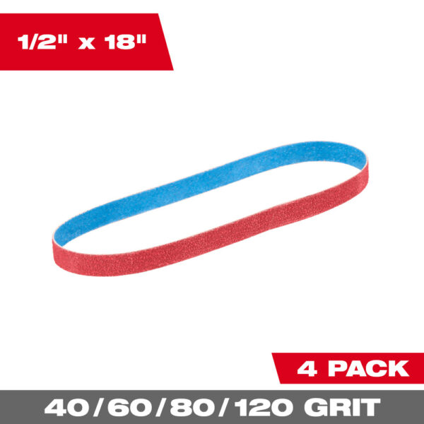 MILWAUKEE 1/2” x 18” 40/60/80/120 Grit Bandfile Belts – 4 pack variety