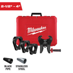 MILWAUKEE 2-1/2" - 4" IPS-P Pivoting Press Ring Kit includes 4 black jaws in front of a red plastic case