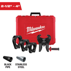 MILWAUKEE 2-1/2" - 4" IPS-P Pivoting Press Ring Kit includes 4 black jaws in front of a red plastic case