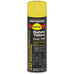 Black spray can of RUST-OLEUM Safety Yellow Enamel Spray Paint with a yellow cap