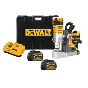 DEWALT 20V MAX* XR® 2 in. Cordless Brushless Magnetic Drill Press Kit including a DeWalt mag drill, a yellow battery charger, 2 FlexVolt batteries, and a black plastic case