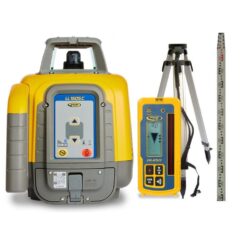 SPECTRA Rotary Laser Package including a laser, a laser receiver, a tripod in the background, and a grade stick