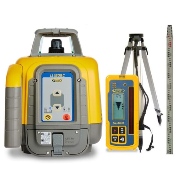 SPECTRA Rotary Laser Package including a laser, a laser receiver, a tripod in the background, and a grade stick