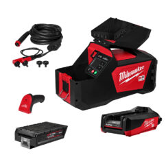 MILWAUKEE MX FUEL™ Electrofusion Processor with leads, a battery, and a charger