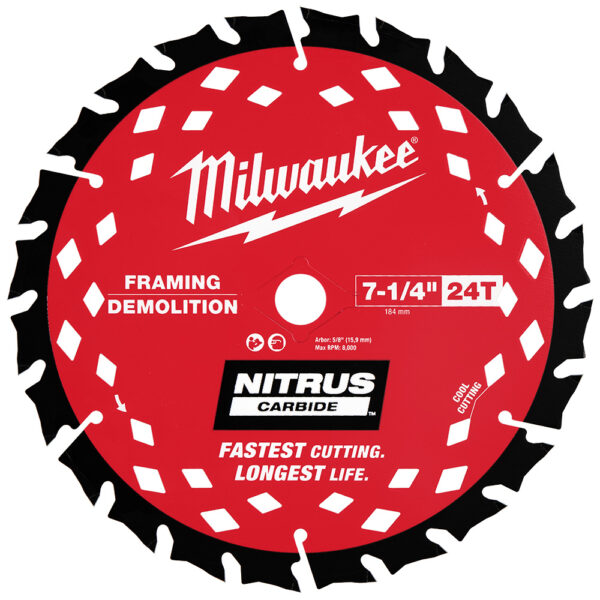 Red and Black MILWAUKEE 7-1/4” 24T NITRUS™ Carbide Framing & Demolition Circular Saw Blade