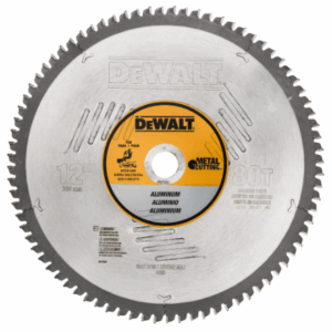 DEWALT DW7666 12-inch 80-tooth aluminum cutting saw blade product image showing the front face, expansion slots and 1-inch arbor on a white background.