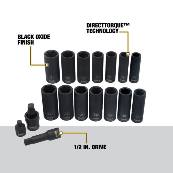 DEWALT 17pc SAE/Metric Socket Set 1/2" Drive Impact Deep w/ Case - Image 3