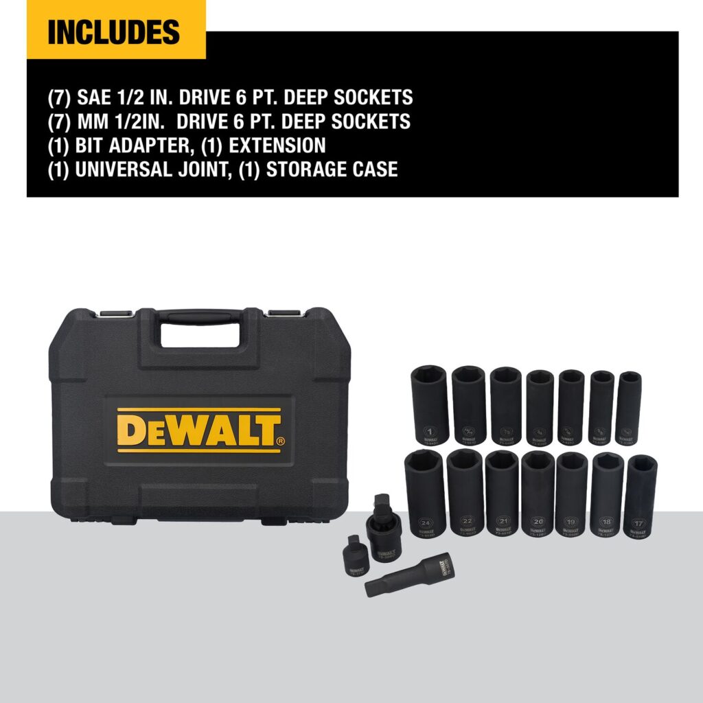 DEWALT 17pc SAE/Metric Socket Set 1/2" Drive Impact Deep w/ Case DWMT45435