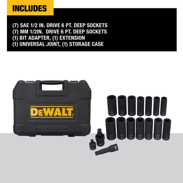 DEWALT 17pc SAE/Metric Socket Set 1/2" Drive Impact Deep w/ Case - Image 4