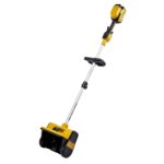 DEWALT DXSVXA2016-002 20V MAX 10-inch brushless cordless snow shovel product image, shown at an angle with adjustable shaft, auxiliary handle, battery housing, and compact snow-clearing head.