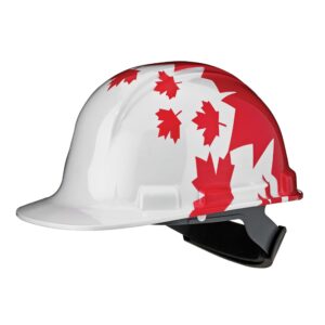 White hard hat with red maple leaf design and a black head band
