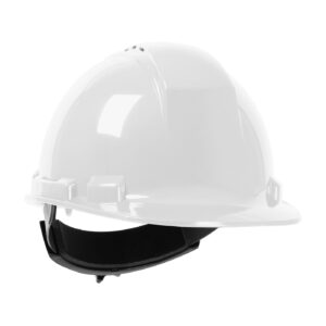 White vented hard hat with black head band