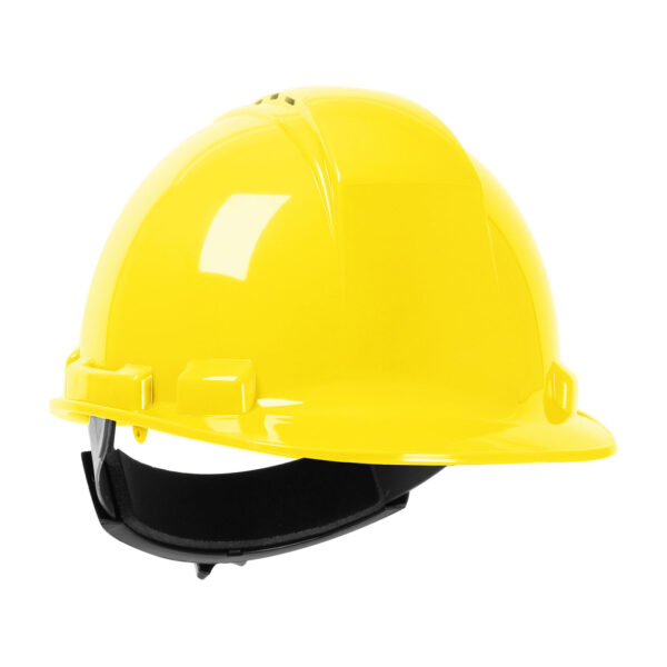 Yellow vented hard hat with a black head band