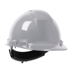 Grey hard hat with a black head band