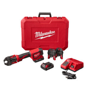 MILWAUKEE M18™ Short Throw Press Tool Kit with PEX Crimp Jaws, 2 batteries, a battery charger, and a red plastic case