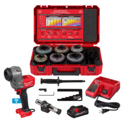 MILWAUKEE M18 FUEL™ Covered Conductor Cable Stripper Kit w/ Adjustable Bushings, a battery, and a battery charger