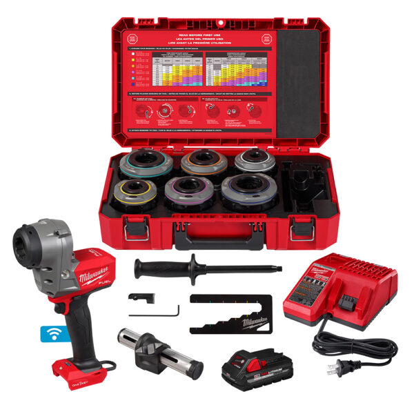 MILWAUKEE M18 FUEL™ Covered Conductor Cable Stripper Kit w/ Adjustable Bushings, a battery, and a battery charger