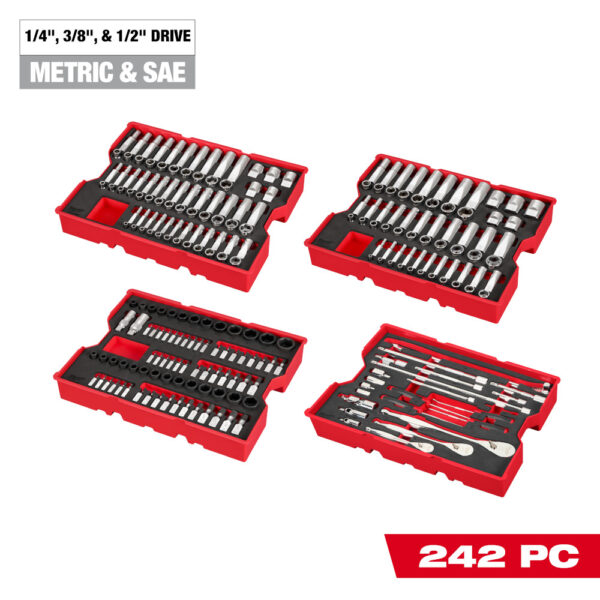 MILWAUKEE 242pc. 1/4”, 3/8”, & 1/2” Drive Metric & SAE Ratchet & Socket Set - Image 2
