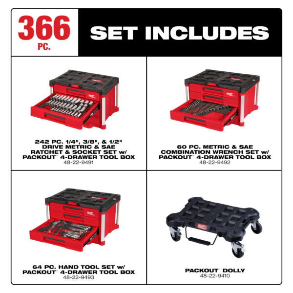 MILWAUKEE 366 Pc. Master Mechanics Hand Tool Set with PACKOUT™ Drawers and Dolly - Image 4