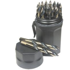 A black plastic case containing a 29 piece set of metal drill bits with vortex points