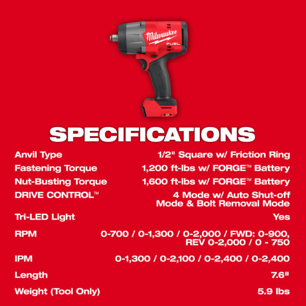 MILWAUKEE M18 FUEL™ 1/2" High Torque Impact Wrench w/ Friction Ring (Tool Only) - Image 7